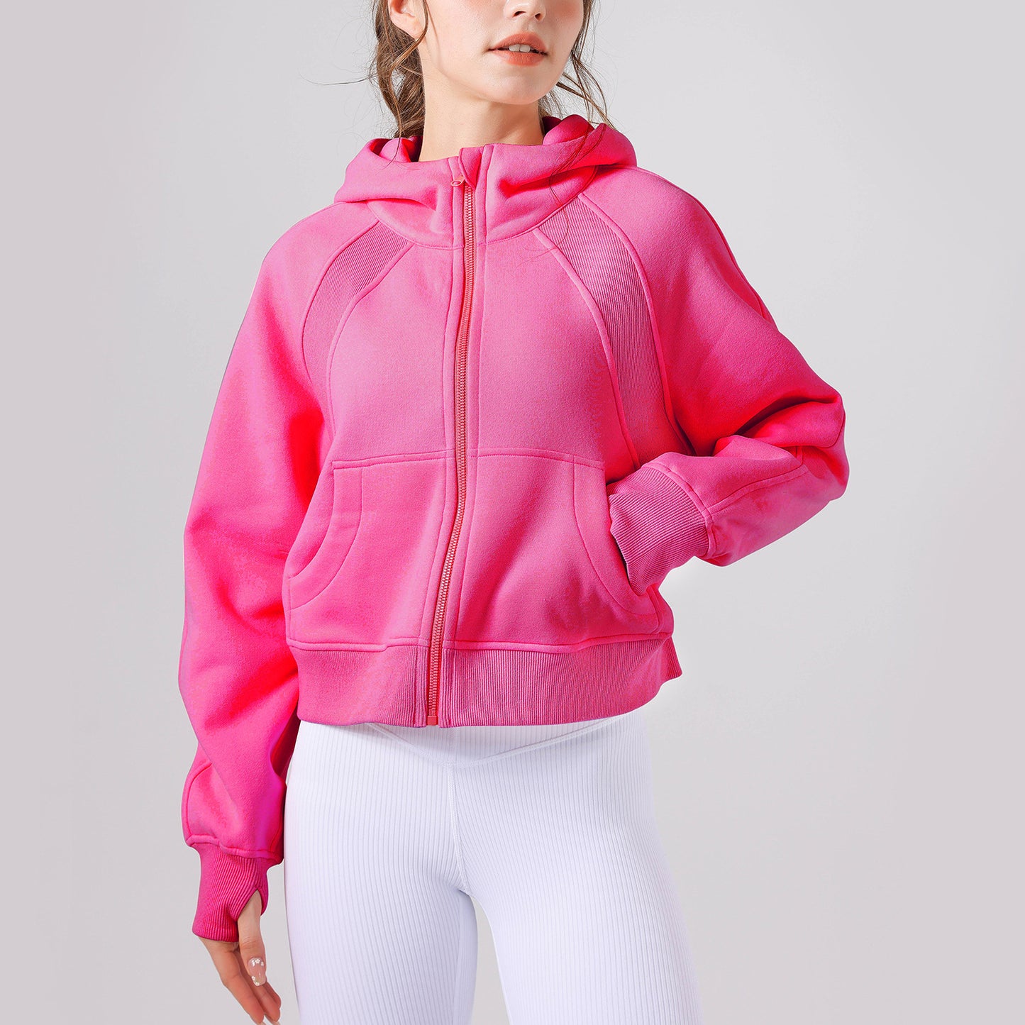 Hooded Sweatshirt Loose Thickened Casual Full Zip up Yoga Jacket